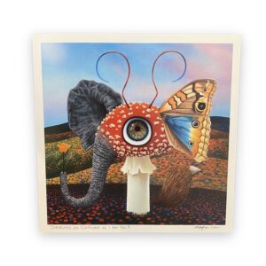 Mushroom creature with bug eyeball mixed with an elephant, butterfly, and fox
