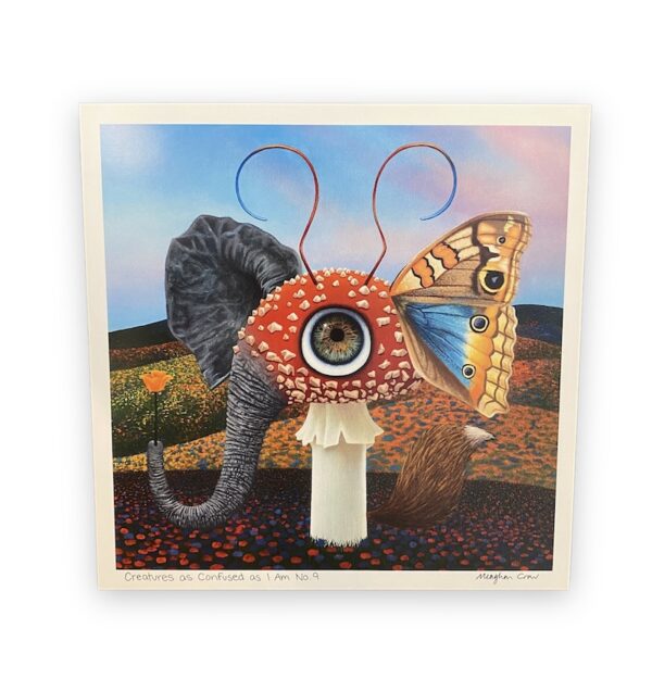 Mushroom creature with bug eyeball mixed with an elephant, butterfly, and fox