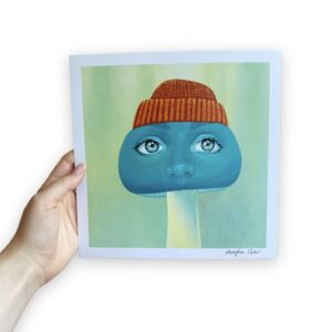 blue mushroom with rust coloured toque and blue eyes