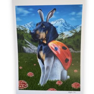 Surreal dog mixed with rabbit and ladybug