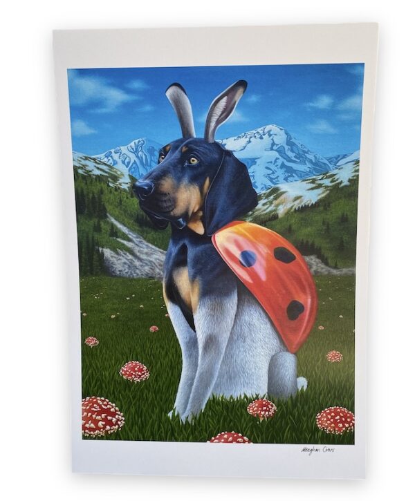 Surreal dog mixed with rabbit and ladybug