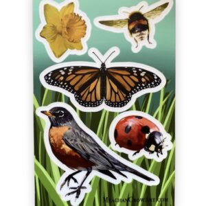 Vinyl sticker sheet with a ribbon, daffodil, bee, monarch butterfly, and ladybug.