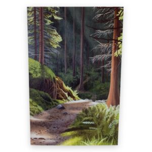 Sunlit forest pathway painting card