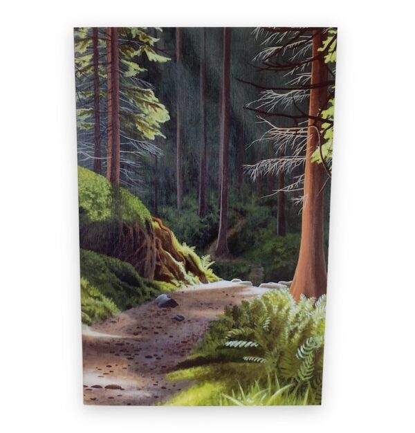 Sunlit forest pathway painting card