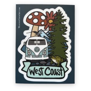 west coast sticker with VW van, evergreen tree, big mushroom, mountain and flower