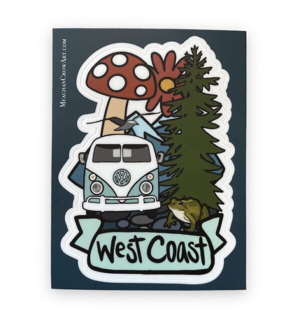 west coast sticker with VW van, evergreen tree, big mushroom, mountain and flower