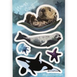 Vinyl sticker sheet with sea otter, seal. orca whale, jellyfish and starfish.