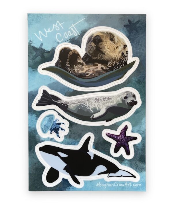 Vinyl sticker sheet with sea otter, seal. orca whale, jellyfish and starfish.