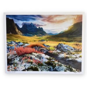 Yukon wildflower field and mountains painting print